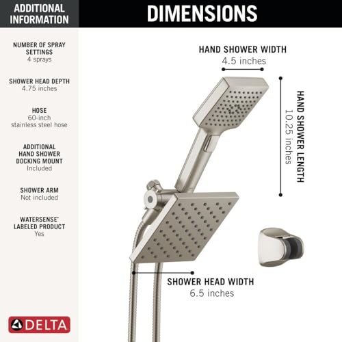 Square Dual Shower Head with Handheld Spray - Brushed Nickel, 4 Settings, 1.75 GPM
