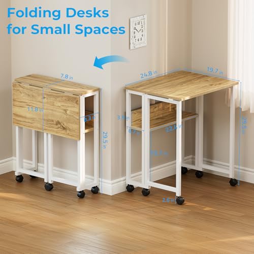 GreenForest Folding Desk with Wheels - 24.8 Inch Oak Portable Table for Small Spaces