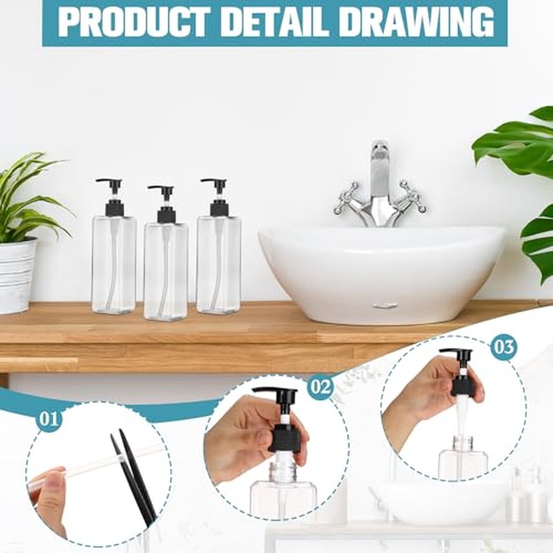 8 Pcs Empty Shampoo Bottles with Pump 16 Oz Plastic Soap Dispenser Refillable Body Wash Bottles for Bathroom, Kitchen Sink, Hotel, Salon(Transparent, Black)