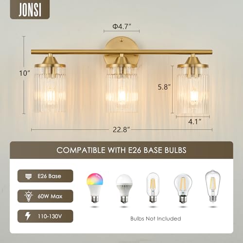 Jonsi Gold 3-Light Vanity Wall Sconce with Clear Glass Shades - Modern Bathroom Fixture 22.8 Inch