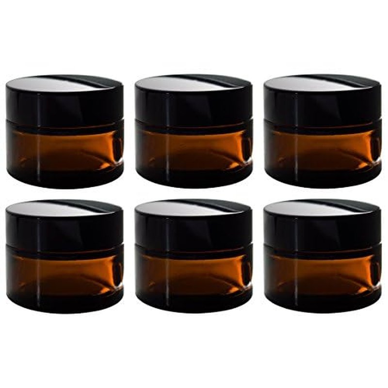 (6 Pack) 1 oz Amber Glass Thick Heavy Wall Balm Jar with Black Lids
