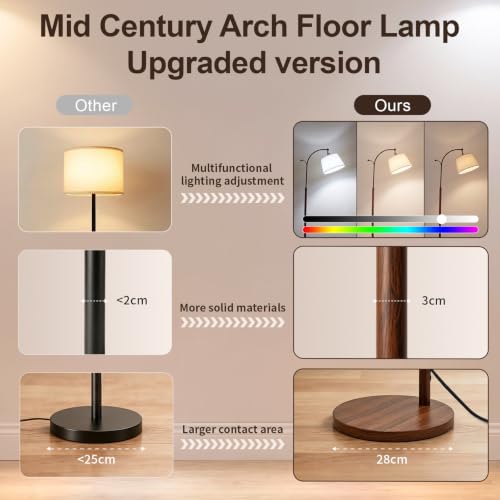 Wood Grain Arched Floor Lamp with Linen Shade - Dimmable 3-Color Temperatures, Foot Switch & Coat Hook - Bingyouth