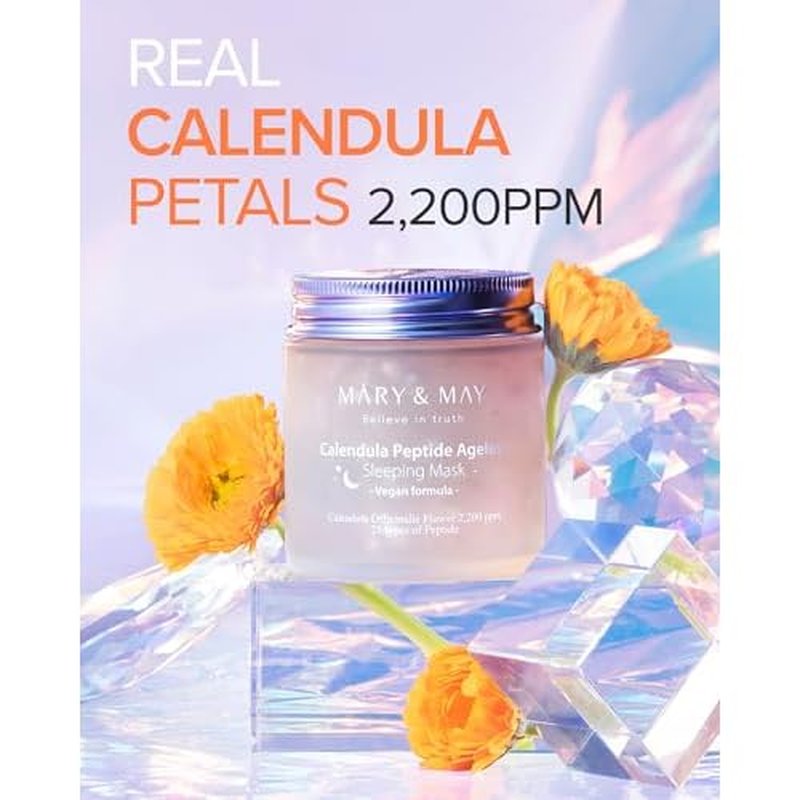 Mary&May Vegan Calendula Peptide Ageless Sleeping Mask (2,200ppm Real Petals + 25 Peptides) ? Overnight Hydrating Gel Face Mask with Ceramide & Hyaluronic Acid, Soothing 3.7 fl oz