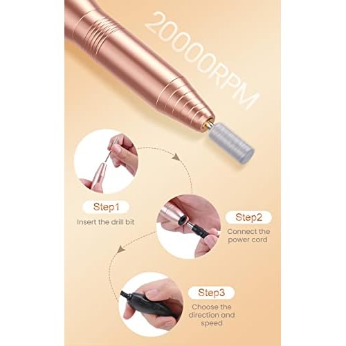 Professional Acrylic Nail Drill, USB Electric Nail Drill Machine, Portable Electrical Nail File Kit for Gel Nails and Home Salon, Manicure Pedicure Polishing Shape Tools, Gold