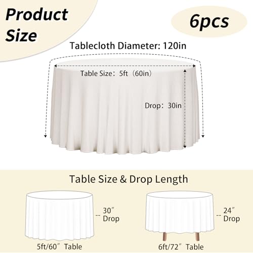 Fixwal 6 Pack 120 Inch Ivory Round Tablecloth for Weddings & Events