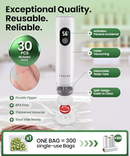 White Compact Food Vacuum Sealer with Drainage Tube - 30 Bags - UPRUBE