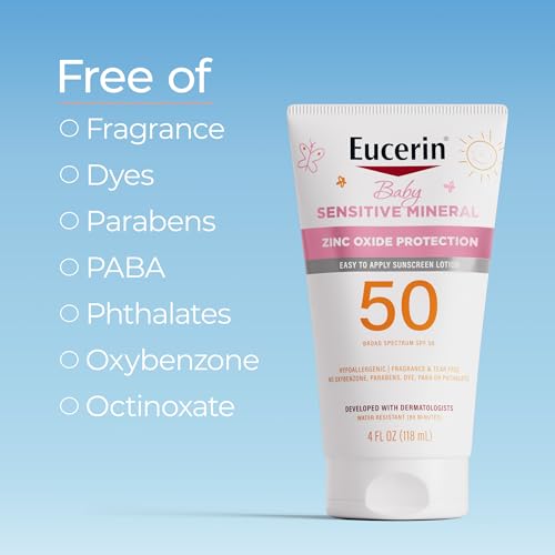 Eucerin Sun Sensitive Mineral Baby Sunscreen Lotion SPF 50 with Zinc Oxide Protection,Hypoallergenic Mineral Sunscreen for Babies,Tear Free and Fragrance Free,4 Fl Oz Tube,(Pack of 2)
