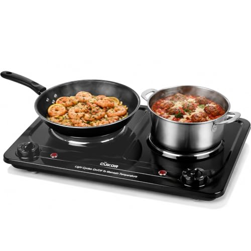 Double Burner Electric Hot Plate - Black, 1800W, Portable & Built-In