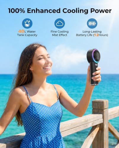 Portable Mist Fan with Ice Cooling & 26,000 RPM Turbo Airflow, 40ml Water Tank & 5000mAh Battery for Travel & Outdoors
