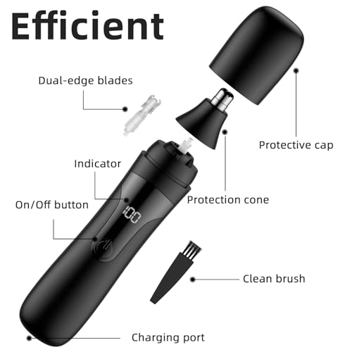 Nose Hair Trimmer, Rechargeable Professional Painless Nose Trimmer for Ear and Eyebrow, with Dual Edge Blades Easy Cleaning and Washing (Black)