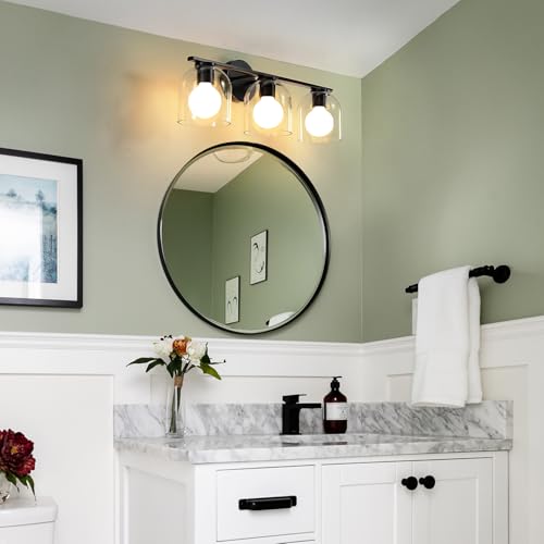 WOSHITU Matte Black Bathroom Vanity Light Fixture - 23.3 Inch 3-Light Over Mirror with Clear Glass Shade