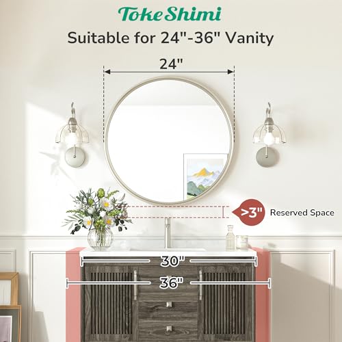 TokeShimi 24x24 Inch Round Bathroom Mirror Brushed Nickel Wall Mirror, Tempered & Shatterproof, Farmhouse Style for Bedroom, Entryway & Restroom