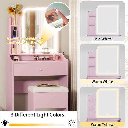 Small Lighted Vanity Desk with Mirror, Storage Stool & Charging Station