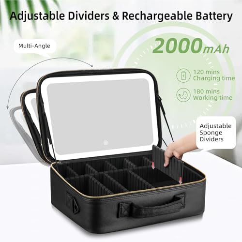 Large Travel Makeup Bag with LED Mirror - Black, 15 Inch