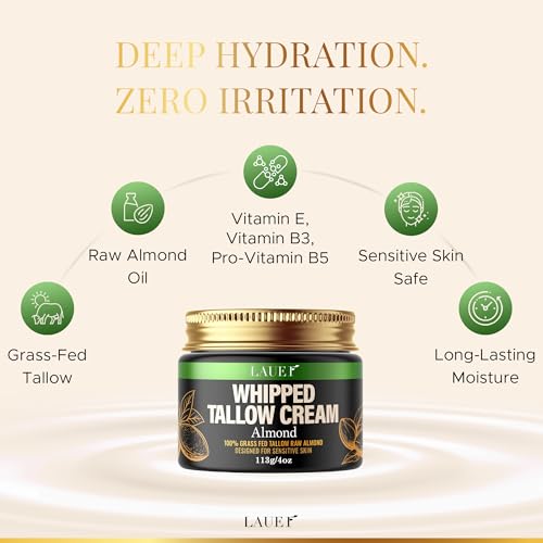Whipped Tallow Cream 100% Grass-Fed Beef With Raw Almond Non-Greasy Deeply Moisturizer for Face Body Reduces Skin Irritation Sensitivity Smooth Soft Dry Skin Hydrating Treatment for Women 4oz