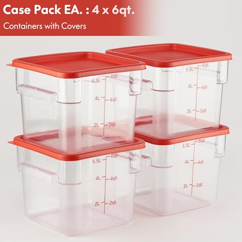 CURTA 6.0 Qt 4-Pack Food Storage Containers with Red Lids, NSF Commercial Grade, Square & Clear