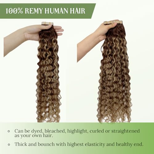 Munx 18 Inch Medium Brown Highlight Water Wave Tape-In Hair Extensions 50G #4/27