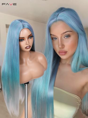 Rainbow Blue Teal Straight Wig for Women - Long Multi-Tonal Cosplay Hair