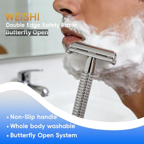 WEISHI Butterfly Open Double Edge Safety Razor for Men, Chrome Short Handle with 5 Stainless Razor Blades Included, Reusable Wet Shave Tool for Smooth, Close Shave