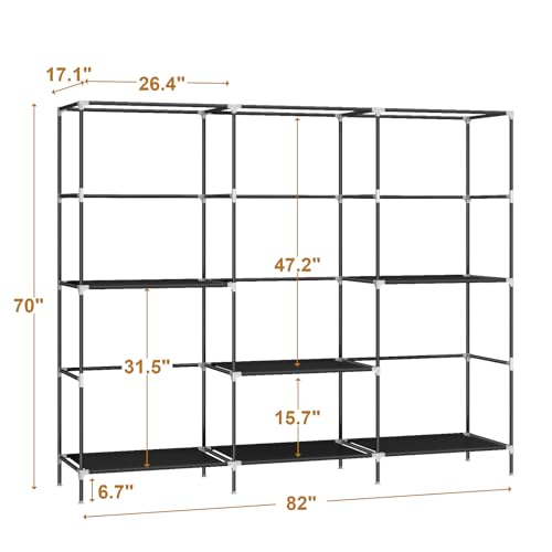 83-Inch Portable Wardrobe Closet with Dust Cover, 5 Hanging Rods & 6 Shelves, Black