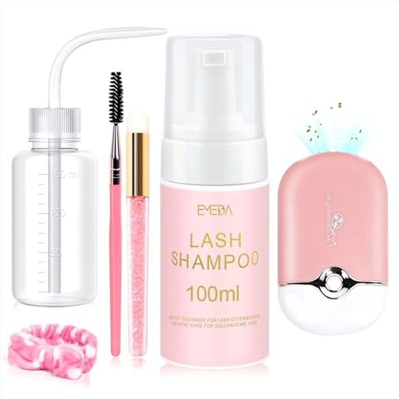 EMEDA Lash Shampoo for Lash Extensions Lash Cleaning Kit with Lash Fan Dryer, Brush, Wash Bottle, Hair Band, Oil Free Foam Soap Cleaner Lash Bath Kit, Lash Wash Eyelash Extension Cleanser