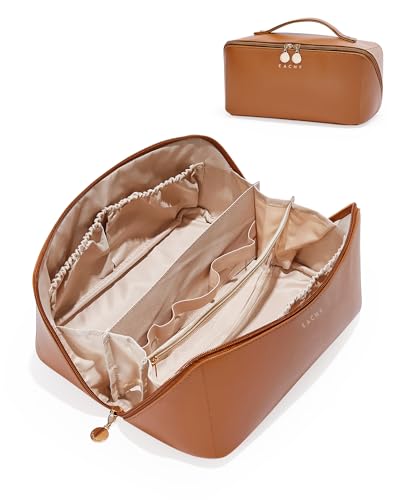 Travel Makeup Bag for Women Large - PU Leather Cosmetic Organizer, Brown, Open-Flat Design