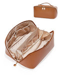 Travel Makeup Bag for Women Large - PU Leather Cosmetic Organizer, Brown, Open-Flat Design