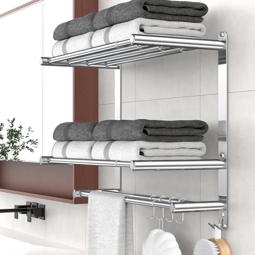 Silver 2-Tier Expandable Bathroom Towel Rack with Shelf and Hooks