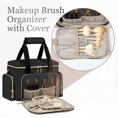 Large Travel Makeup Bag Organizer - Black, Medium Capacity, Brush Compartments