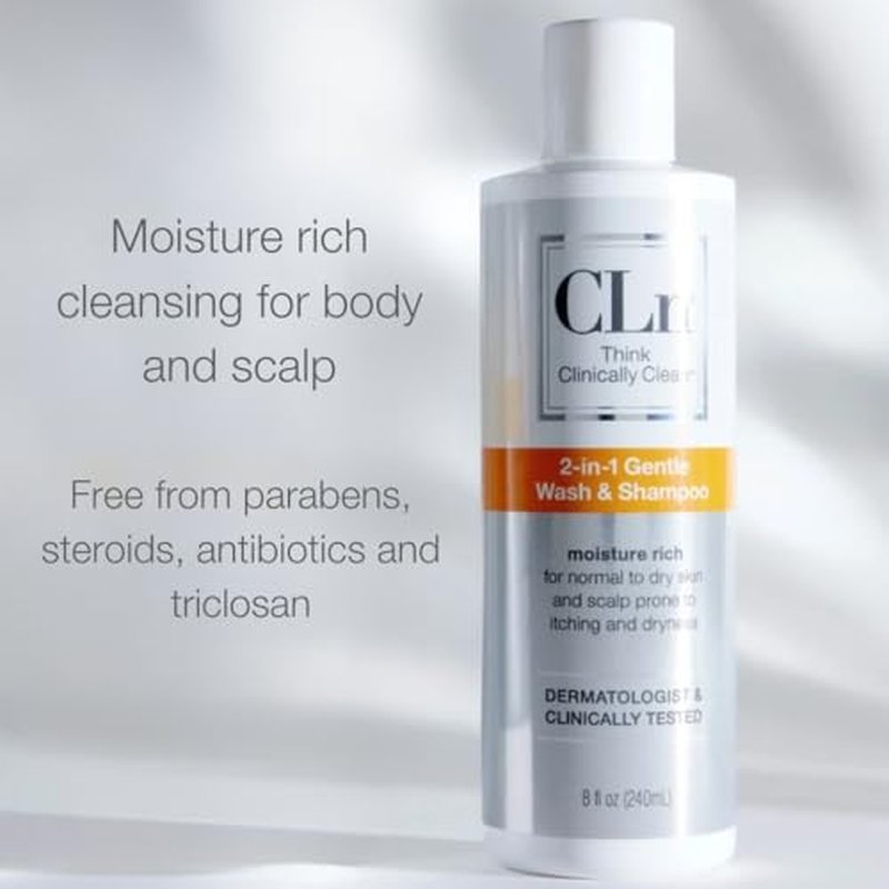CLn¢ç 2-in-1 Gentle Wash & Shampoo- Multi-functional Cleanser for Skin & Scalp Prone to Irritation, Flaking, Itching, Dryness & Razor Bumps, Fragrance-Free & Paraben-Free, 8 fl. oz.