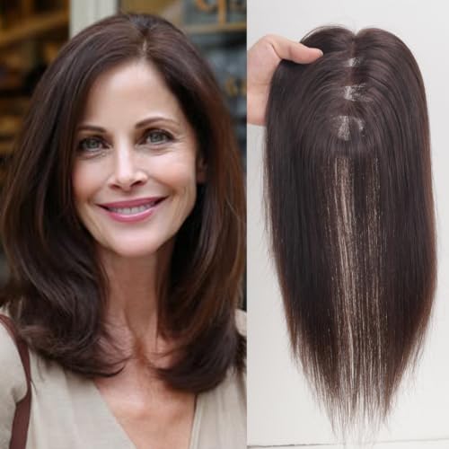 Hair Toppers for Women 14 Inch Real Human Hair Dark Brown with Reddish Undertone - 4x4.8 Inch Middle Part, Hand-Tied, Natural Scalp Line, Lightweight & Breathable - Variation: 4.0x4.8 Inches, 14 Inch, 4 Clips