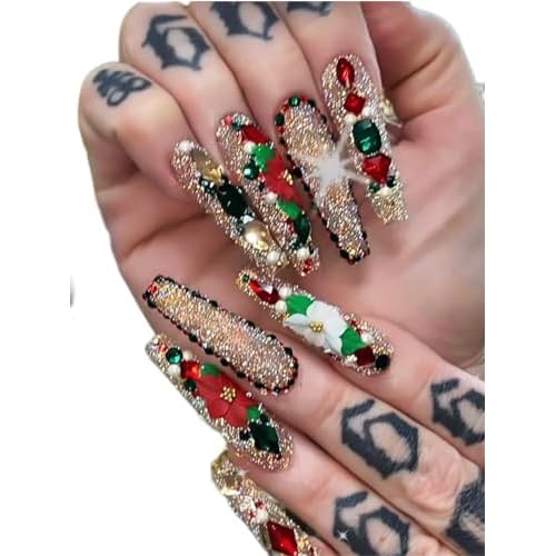 3D Christmas Acrylic Flower Nail Art Charms Handmade by Acrylic Powder - 24pcs Noel Flowers Nail Rhinestones Kit 3D Nails Design Acrylic for Women (Christmas Flowers 3-Small & Medium Size)