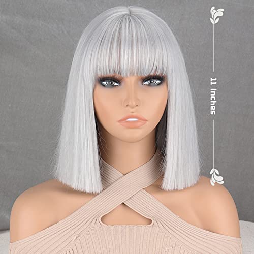 MERISIHAIR Silver Gray Short Bob Wig with Bangs for Women - Straight, Realistic Synthetic Hair, 11-inch Style