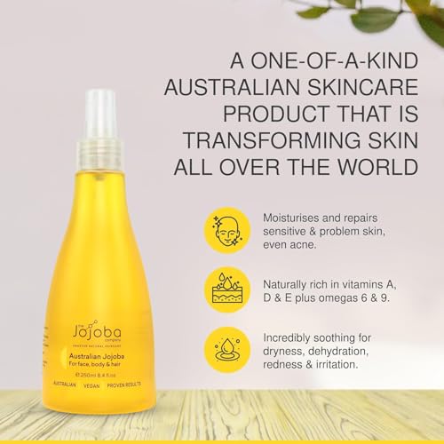 Jojoba 100% Pure Australian Oil 250ml ? Cold-Pressed Natural Oil for Face, Hair & Body ? Lightweight, Non-Greasy, Hypoallergenic Moisturizer ? Sustainably Grown & Bottled in Australia (250ml)