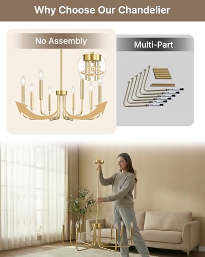 8-Light Gold Chandelier - Brushed Finish Farmhouse Ceiling Light Fixture for Dining Room & Living Room - No Assembly