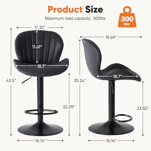 Sweetcrispy Black Set of 2 Adjustable Swivel Bar Stools - Fabric Counter Height Chairs