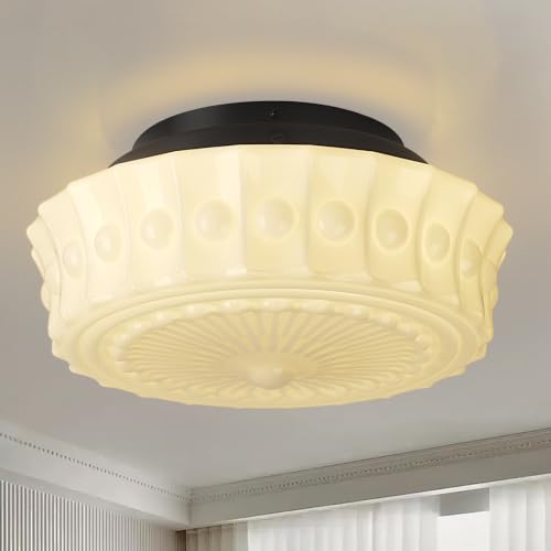 Milk White Ceiling Light Fixture - 13.8'' Flush Mount Vintage Farmhouse Design with 4 LED Bulbs - Variation: Milk White C