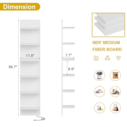 White 6-Tier Wall Shelf with RGB LED Lighting - 57-Inch Floating Storage