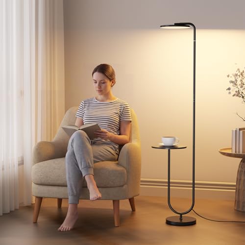 Black 36W LED Floor Lamp with Table, Dimmable Tall Standing Light with Remote