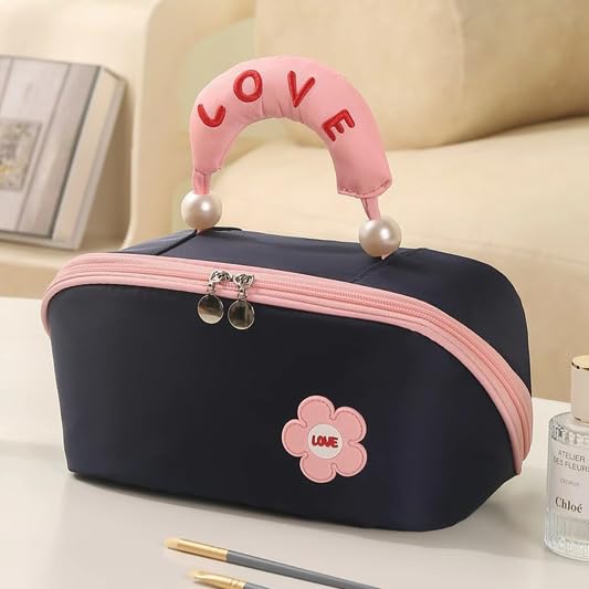 Travel Makeup Bag 12-Inch Wide-Open Clamshell Organizer Navy Blue - Lightweight & Secure