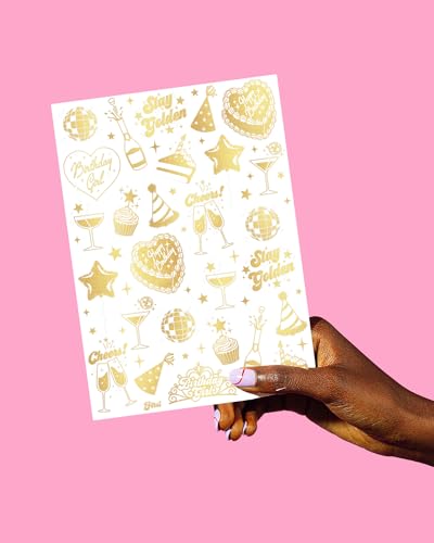Gold Temporary Tattoos Pack of 3 - 50 Styles for Birthday Party Favors, Girl Celebration, Fun Accessories - Medium
