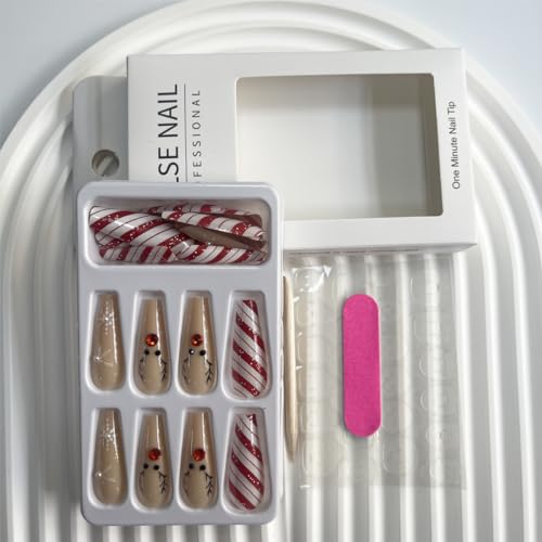 Christmas Press on Nails Long Coffin Fake Nails Red White Swirl with Snowflake Elk Design Glue on Nails Rhinestones Glitter Full Cover Artificial Acrylic Stick on False Nails for Women Manicure 24Pcs