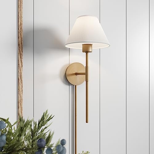 Brass & White Plug-in Wall Sconce with Cotton Shade - Set of 1