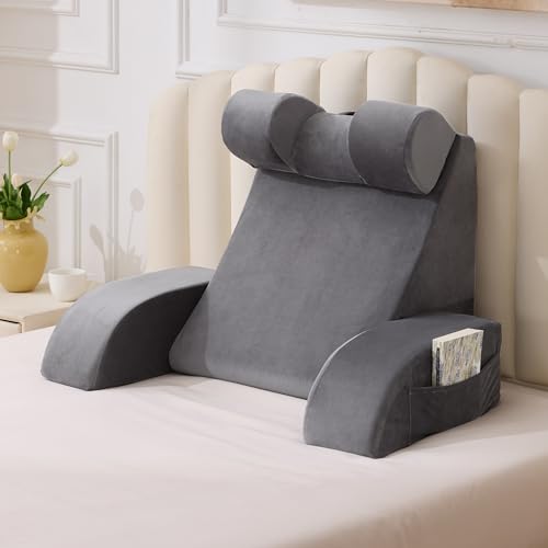 Velorose 21-Inch Large Reading Pillow with Back Support & Pockets - Grey