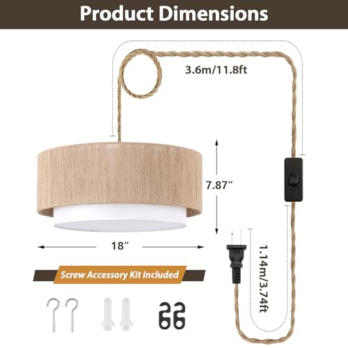 Buovikalo Brown & White Rattan Plug-In Pendant Light, 18” Boho Chandelier with Hemp Rope Shade