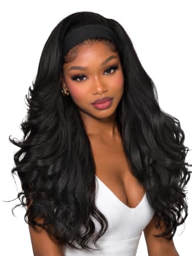 Lady Miranda Wavy Curly Headband Wig - Black, 26 Inch Layered Flip Curls