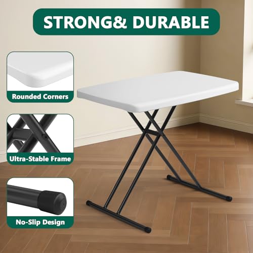 White Granite 30 Inch Folding Table Set of 2 - Adjustable Height, Heavy Duty Utility Tables for Small Spaces, Camp, Dining, Laptop, No Assembly