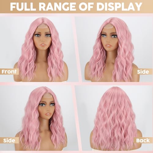 Pink Wavy Costume Wig for Women - 18-Inch Synthetic Hair, Halloween & Party Use - Pink