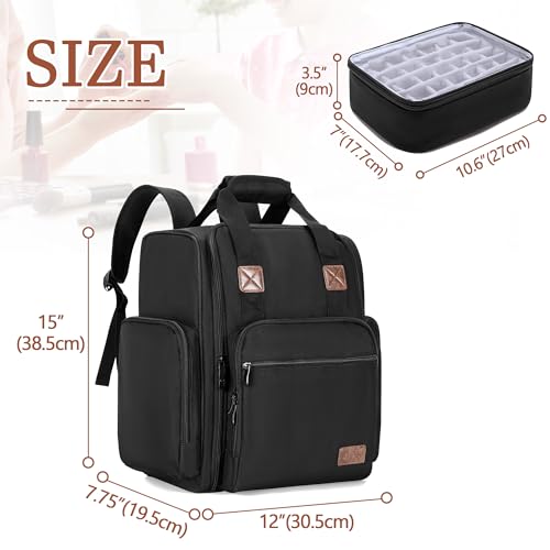 BAFASO Nail Polish Organizer Backpack Holds 105 Bottles (15ml - 0.5fl.oz) and a Nail Lamp, Nail Polish Backpack with 3 Removable Pouches and Multiple Tools Storage Pockets (Patented), Black