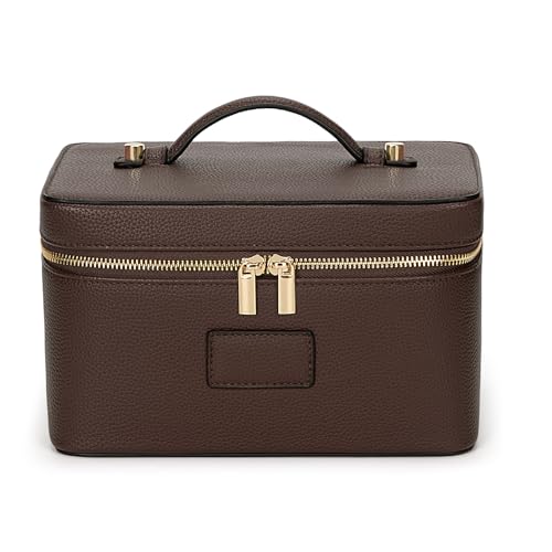 HiTotes Large Waterproof Leather Makeup Bag with Removable Divider - Coffee